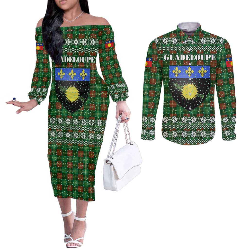 Guadeloupe Christmas Couples Matching Off The Shoulder Long Sleeve Dress and Long Sleeve Button Shirt with Green-Red Plaid Design, Sun and Sugarcane Emblem, and Santa Sleigh Motif - Wonder Print Shop