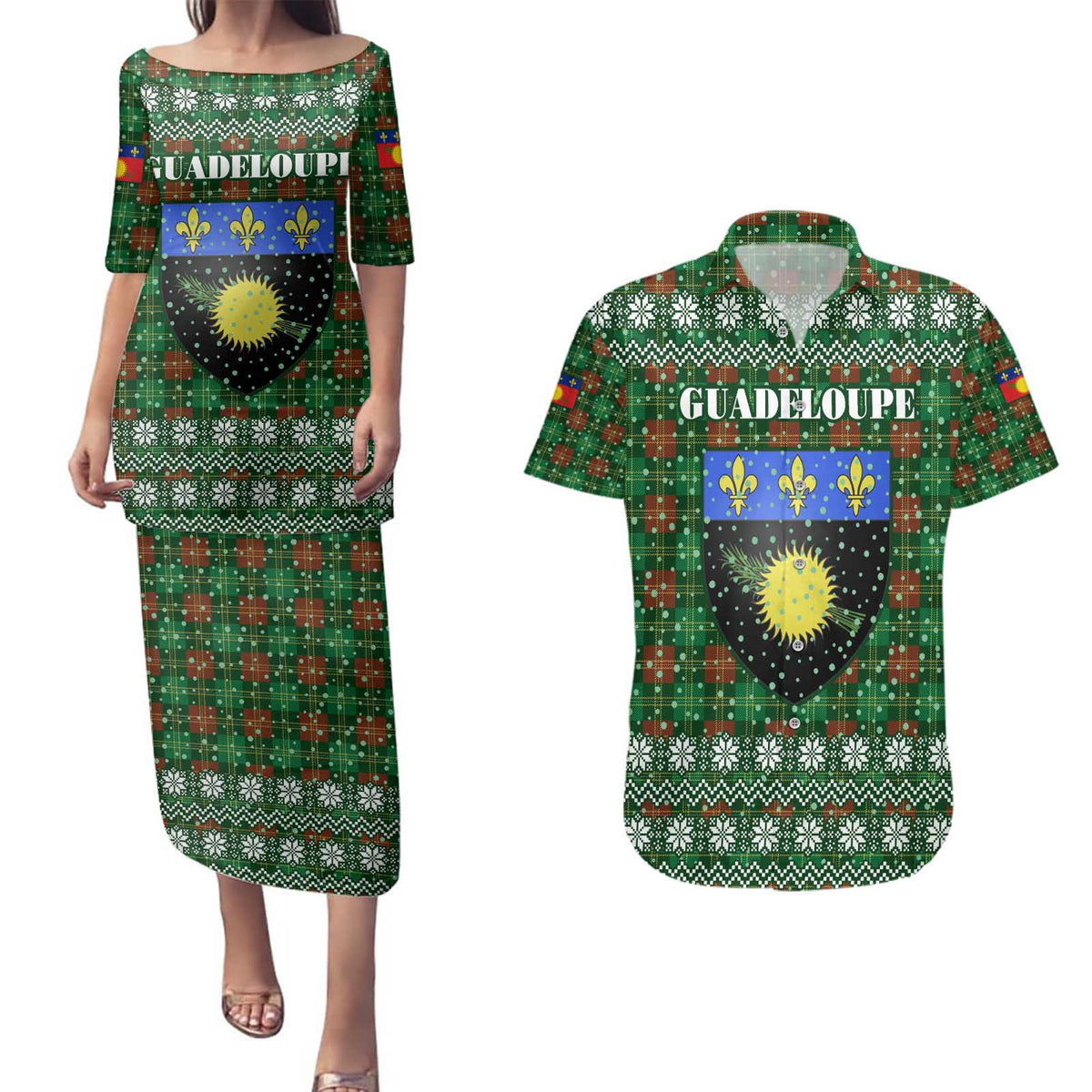 Guadeloupe Christmas Couples Matching Puletasi and Hawaiian Shirt with Green-Red Plaid Design, Sun and Sugarcane Emblem, and Santa Sleigh Motif - Wonder Print Shop