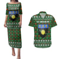 Guadeloupe Christmas Couples Matching Puletasi and Hawaiian Shirt with Green-Red Plaid Design, Sun and Sugarcane Emblem, and Santa Sleigh Motif - Wonder Print Shop