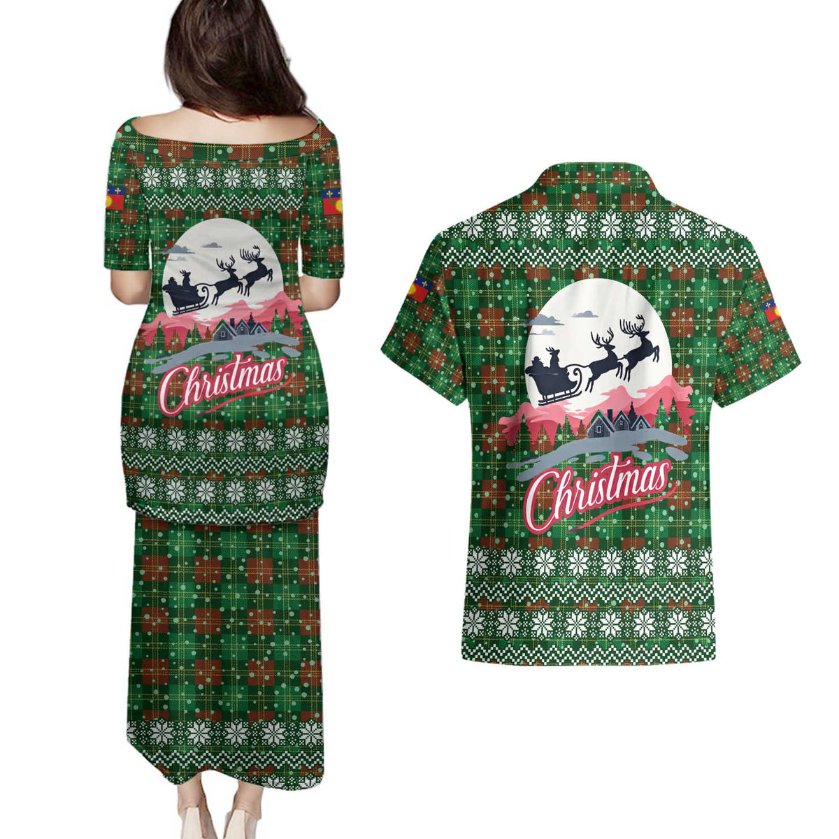 Guadeloupe Christmas Couples Matching Puletasi and Hawaiian Shirt with Green-Red Plaid Design, Sun and Sugarcane Emblem, and Santa Sleigh Motif - Wonder Print Shop
