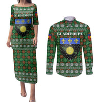 Guadeloupe Christmas Couples Matching Puletasi and Long Sleeve Button Shirt with Green-Red Plaid Design, Sun and Sugarcane Emblem, and Santa Sleigh Motif - Wonder Print Shop