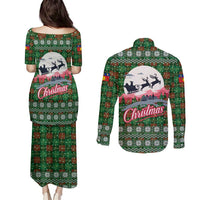Guadeloupe Christmas Couples Matching Puletasi and Long Sleeve Button Shirt with Green-Red Plaid Design, Sun and Sugarcane Emblem, and Santa Sleigh Motif - Wonder Print Shop