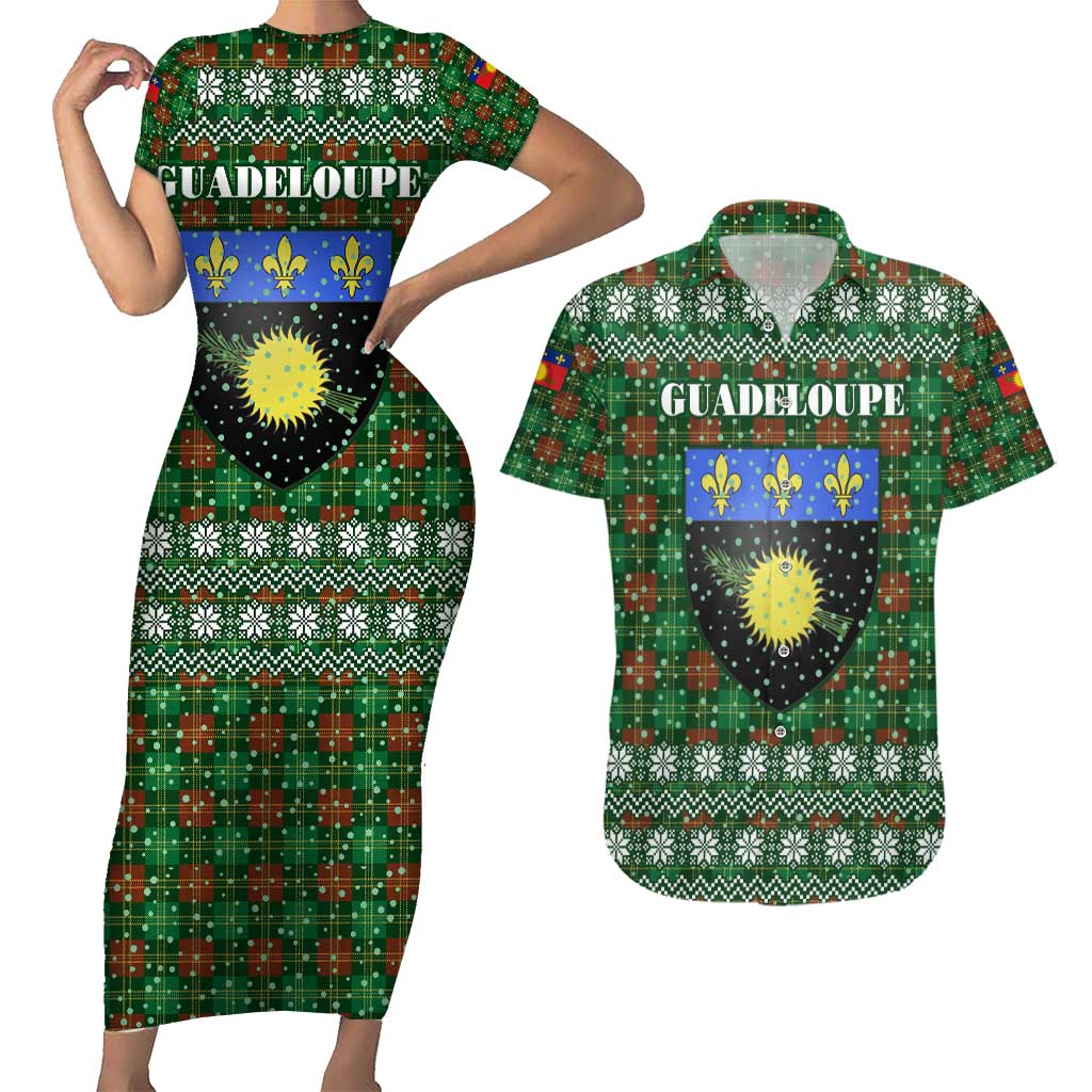 Guadeloupe Christmas Couples Matching Short Sleeve Bodycon Dress and Hawaiian Shirt with Green-Red Plaid Design, Sun and Sugarcane Emblem, and Santa Sleigh Motif - Wonder Print Shop