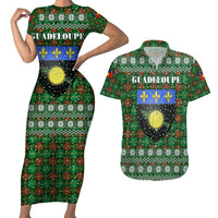 Guadeloupe Christmas Couples Matching Short Sleeve Bodycon Dress and Hawaiian Shirt with Green-Red Plaid Design, Sun and Sugarcane Emblem, and Santa Sleigh Motif - Wonder Print Shop