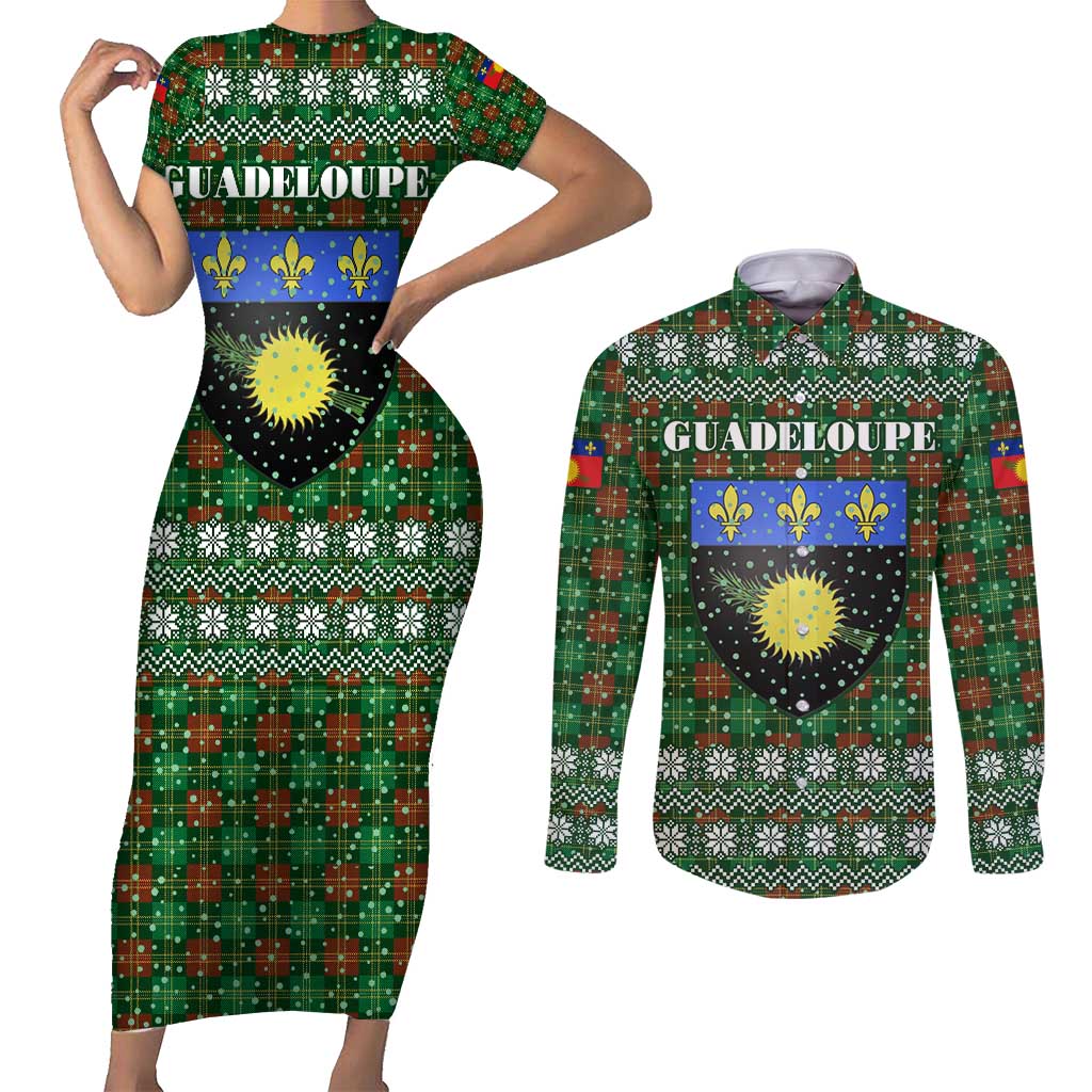 Guadeloupe Christmas Couples Matching Short Sleeve Bodycon Dress and Long Sleeve Button Shirt with Green-Red Plaid Design, Sun and Sugarcane Emblem, and Santa Sleigh Motif - Wonder Print Shop