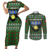 Guadeloupe Christmas Couples Matching Short Sleeve Bodycon Dress and Long Sleeve Button Shirt with Green-Red Plaid Design, Sun and Sugarcane Emblem, and Santa Sleigh Motif - Wonder Print Shop