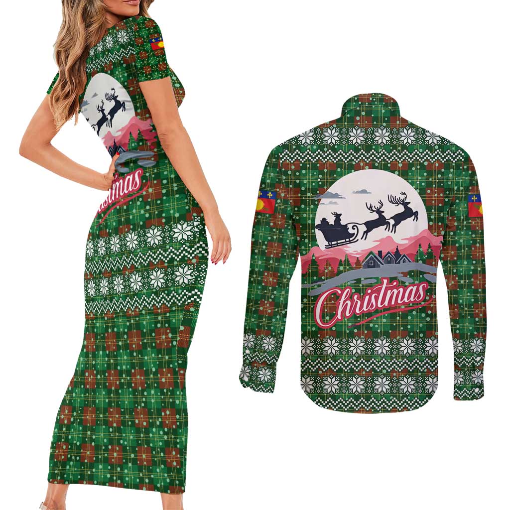 Guadeloupe Christmas Couples Matching Short Sleeve Bodycon Dress and Long Sleeve Button Shirt with Green-Red Plaid Design, Sun and Sugarcane Emblem, and Santa Sleigh Motif - Wonder Print Shop