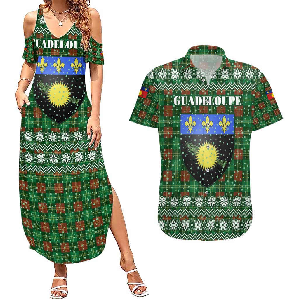 Guadeloupe Christmas Couples Matching Summer Maxi Dress and Hawaiian Shirt with Green-Red Plaid Design, Sun and Sugarcane Emblem, and Santa Sleigh Motif - Wonder Print Shop