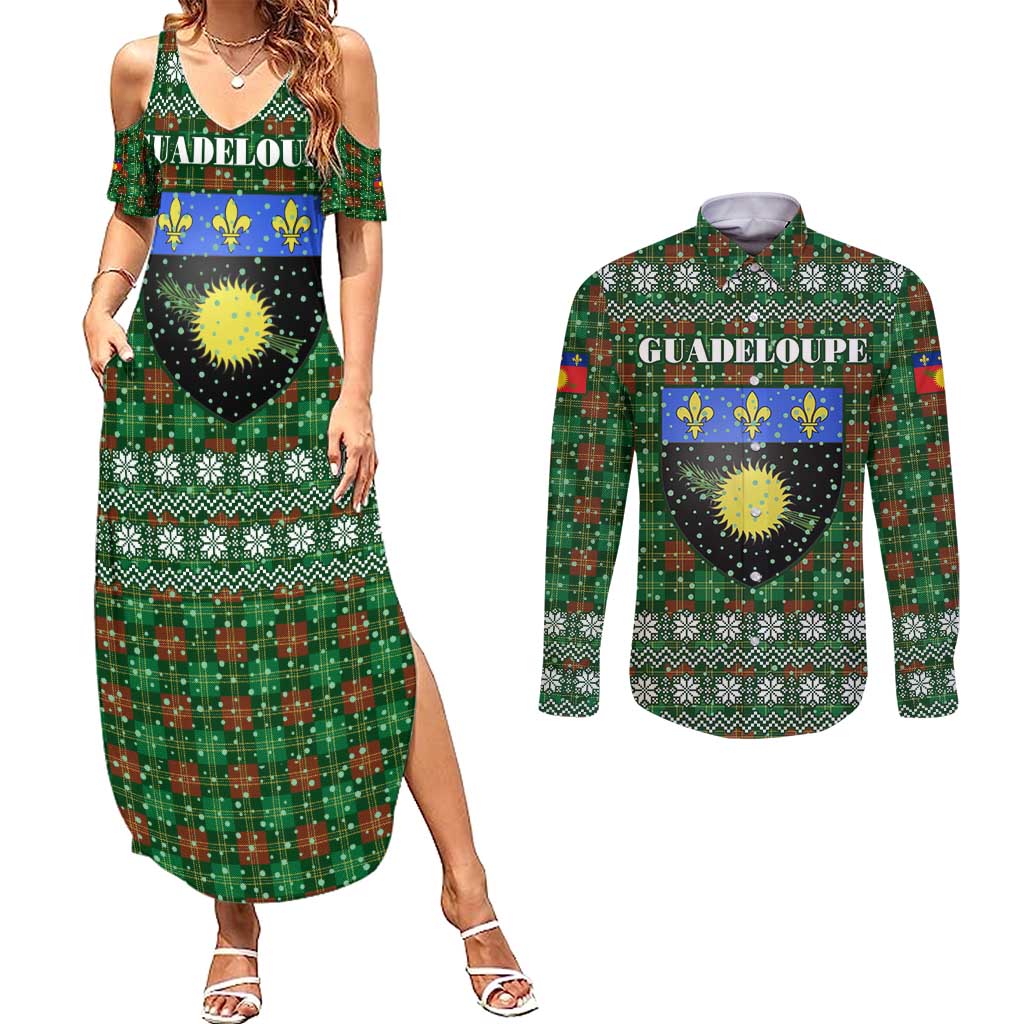 Guadeloupe Christmas Couples Matching Summer Maxi Dress and Long Sleeve Button Shirt with Green-Red Plaid Design, Sun and Sugarcane Emblem, and Santa Sleigh Motif - Wonder Print Shop