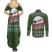 Guadeloupe Christmas Couples Matching Summer Maxi Dress and Long Sleeve Button Shirt with Green-Red Plaid Design, Sun and Sugarcane Emblem, and Santa Sleigh Motif - Wonder Print Shop