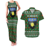Guadeloupe Christmas Couples Matching Tank Maxi Dress and Hawaiian Shirt with Green-Red Plaid Design, Sun and Sugarcane Emblem, and Santa Sleigh Motif - Wonder Print Shop