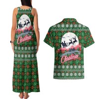Guadeloupe Christmas Couples Matching Tank Maxi Dress and Hawaiian Shirt with Green-Red Plaid Design, Sun and Sugarcane Emblem, and Santa Sleigh Motif - Wonder Print Shop