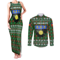 Guadeloupe Christmas Couples Matching Tank Maxi Dress and Long Sleeve Button Shirt with Green-Red Plaid Design, Sun and Sugarcane Emblem, and Santa Sleigh Motif - Wonder Print Shop