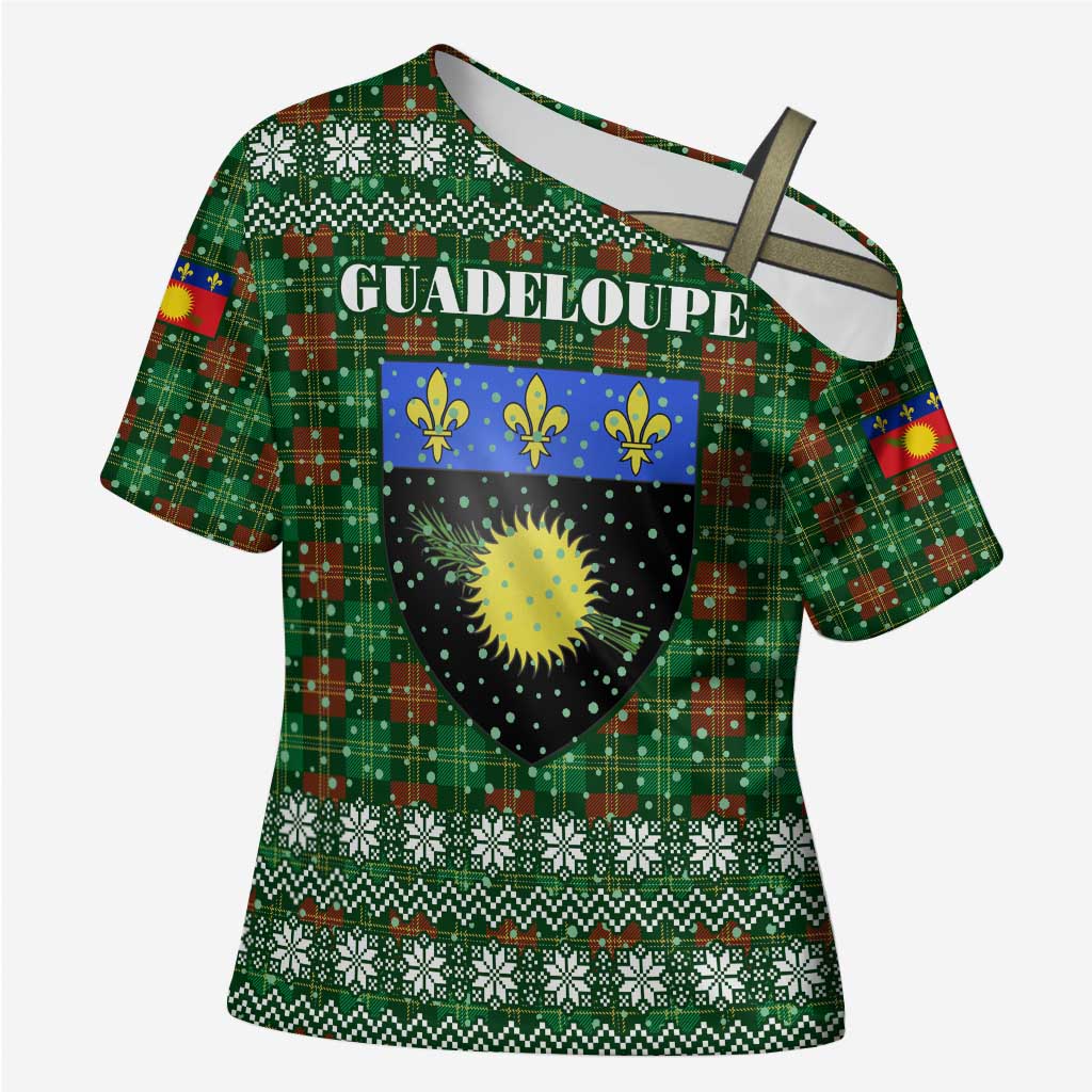 Guadeloupe Christmas Cross Shoulder Shirt with Green-Red Plaid Design, Sun and Sugarcane Emblem, and Santa Sleigh Motif - Wonder Print Shop