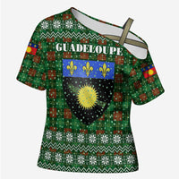 Guadeloupe Christmas Cross Shoulder Shirt with Green-Red Plaid Design, Sun and Sugarcane Emblem, and Santa Sleigh Motif - Wonder Print Shop