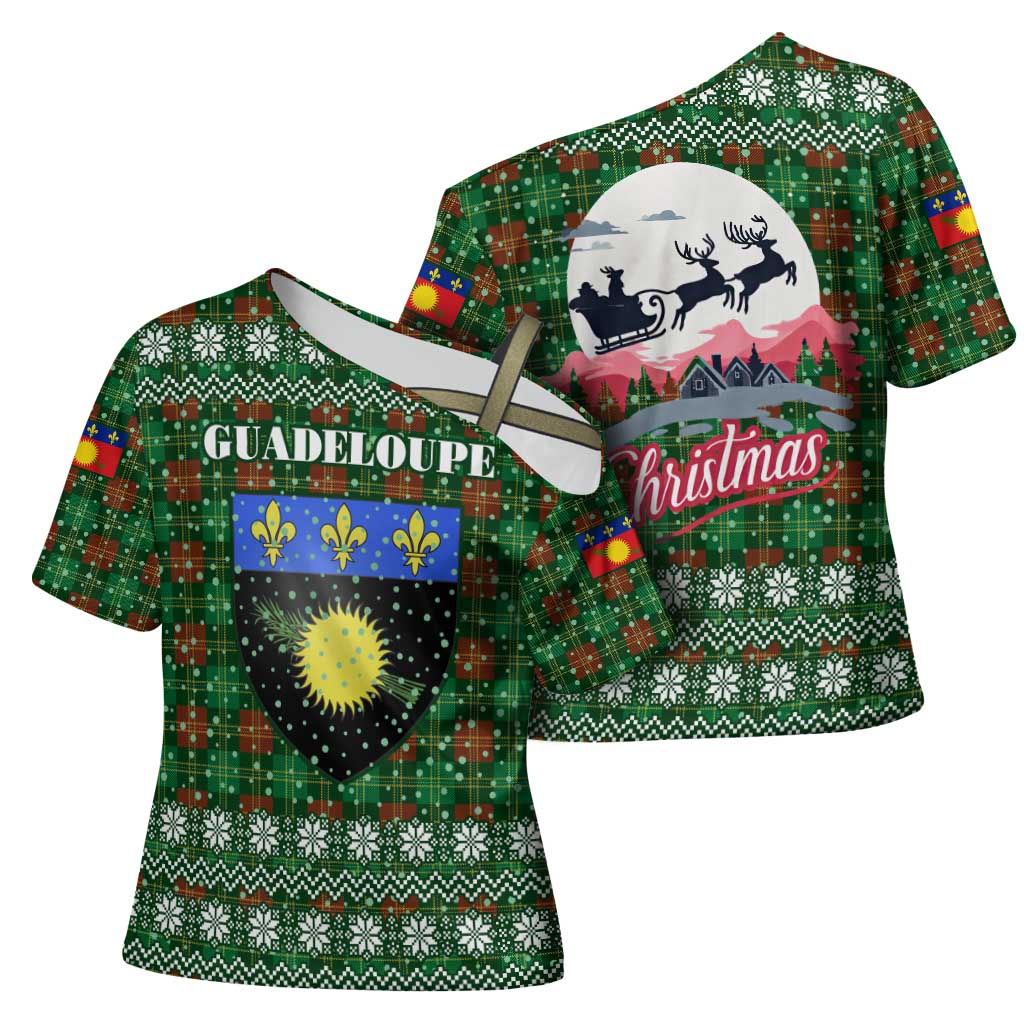 Guadeloupe Christmas Cross Shoulder Shirt with Green-Red Plaid Design, Sun and Sugarcane Emblem, and Santa Sleigh Motif - Wonder Print Shop