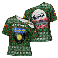 Guadeloupe Christmas Cross Shoulder Shirt with Green-Red Plaid Design, Sun and Sugarcane Emblem, and Santa Sleigh Motif - Wonder Print Shop