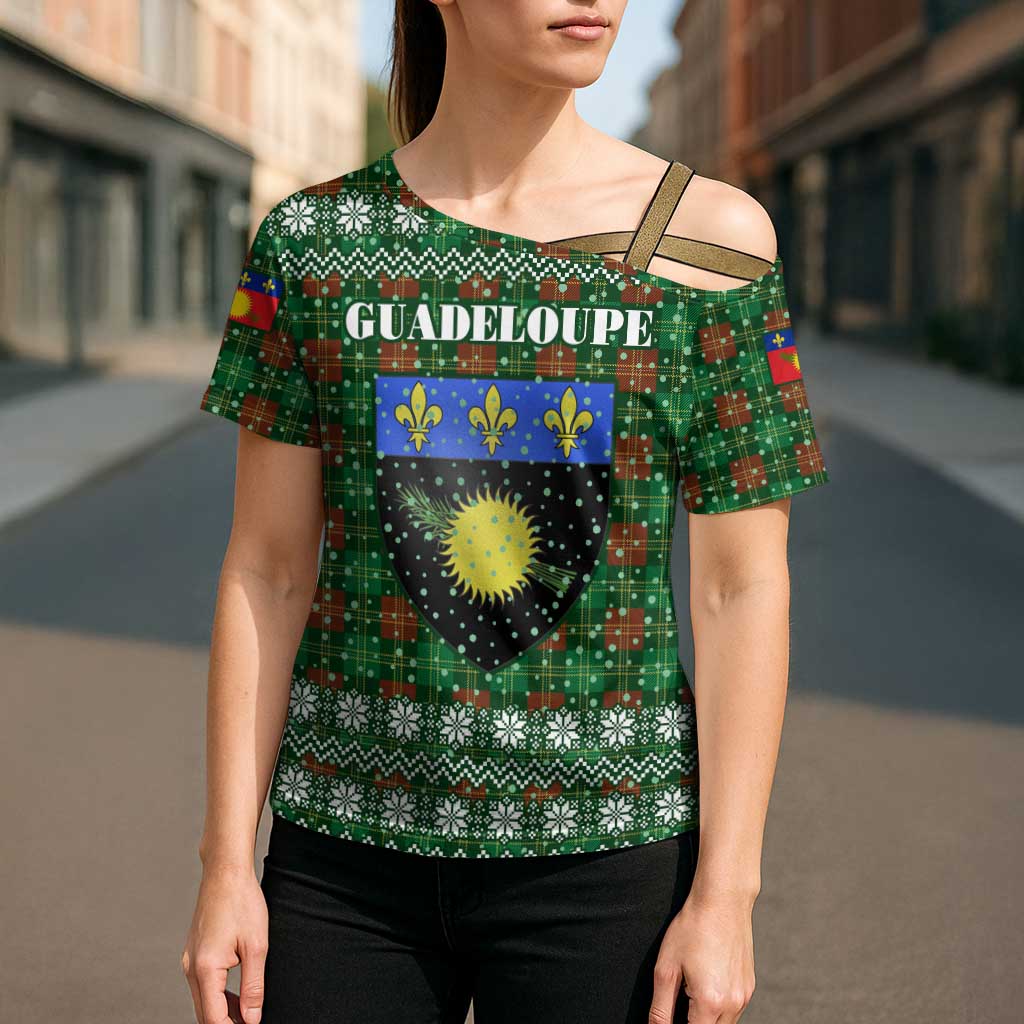Guadeloupe Christmas Cross Shoulder Shirt with Green-Red Plaid Design, Sun and Sugarcane Emblem, and Santa Sleigh Motif - Wonder Print Shop