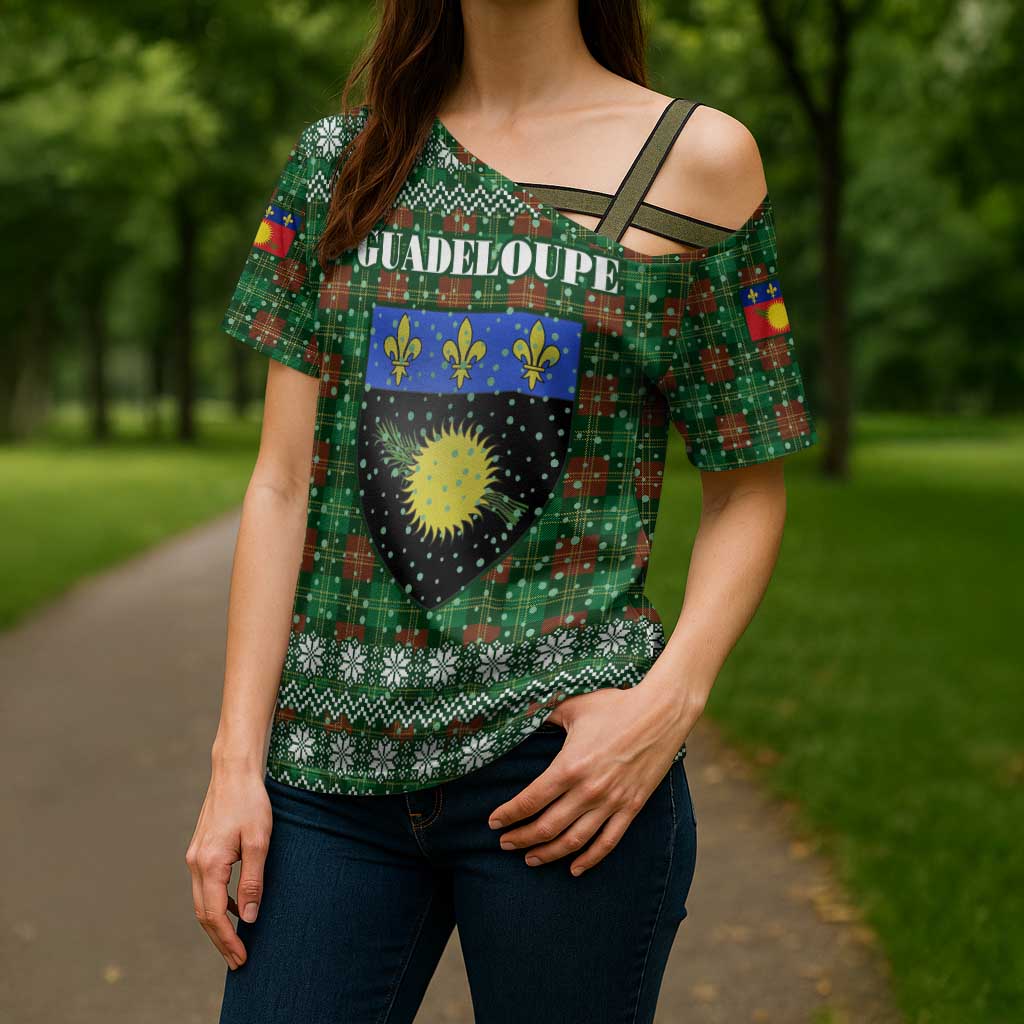 Guadeloupe Christmas Cross Shoulder Shirt with Green-Red Plaid Design, Sun and Sugarcane Emblem, and Santa Sleigh Motif - Wonder Print Shop