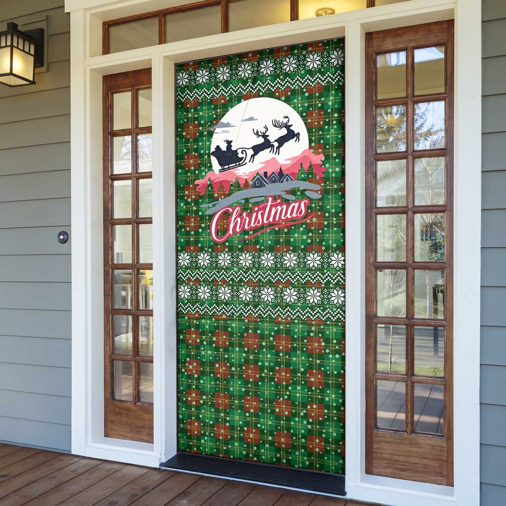Guadeloupe Christmas Door Cover with Green-Red Plaid Design, Sun and Sugarcane Emblem, and Santa Sleigh Motif - Wonder Print Shop