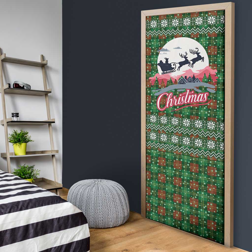 Guadeloupe Christmas Door Cover with Green-Red Plaid Design, Sun and Sugarcane Emblem, and Santa Sleigh Motif - Wonder Print Shop