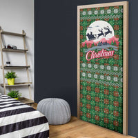 Guadeloupe Christmas Door Cover with Green-Red Plaid Design, Sun and Sugarcane Emblem, and Santa Sleigh Motif - Wonder Print Shop