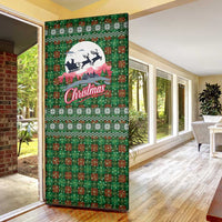 Guadeloupe Christmas Door Cover with Green-Red Plaid Design, Sun and Sugarcane Emblem, and Santa Sleigh Motif - Wonder Print Shop
