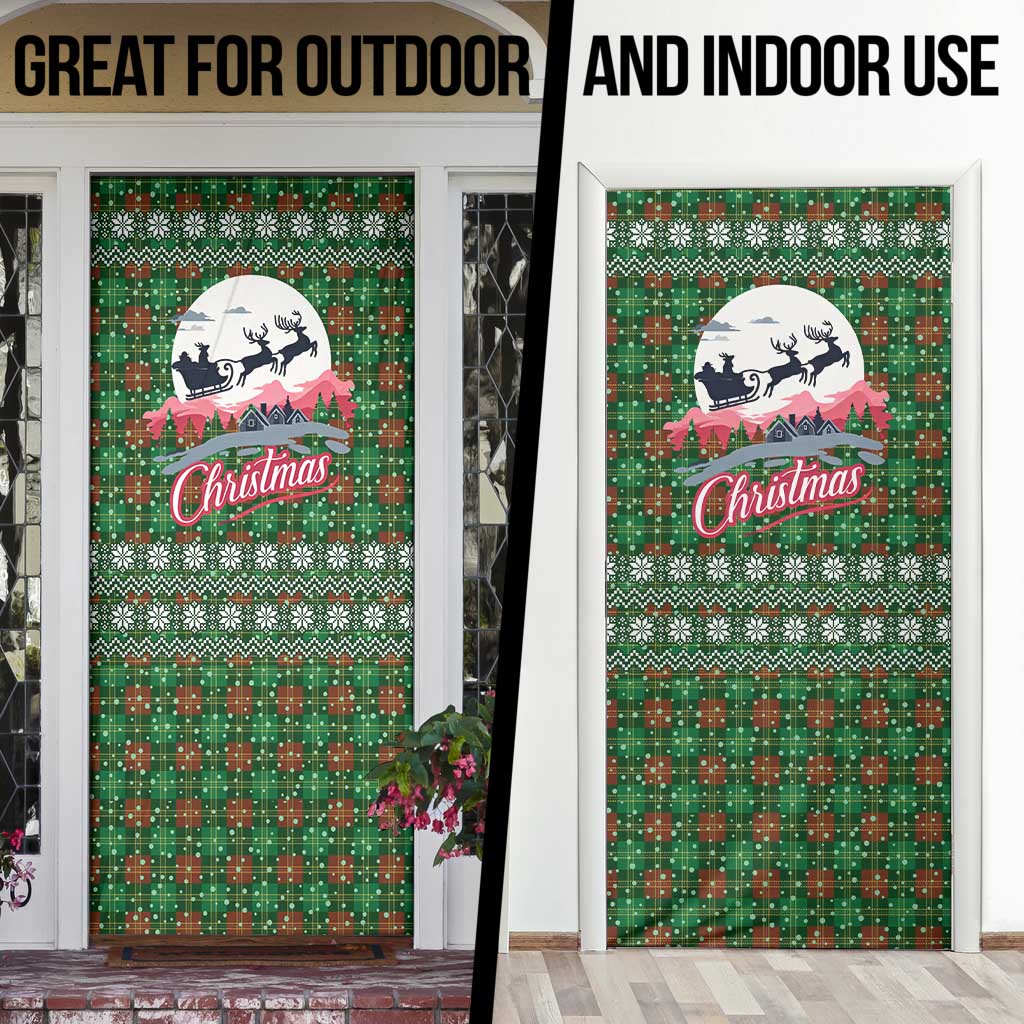 Guadeloupe Christmas Door Cover with Green-Red Plaid Design, Sun and Sugarcane Emblem, and Santa Sleigh Motif - Wonder Print Shop