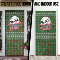 Guadeloupe Christmas Door Cover with Green-Red Plaid Design, Sun and Sugarcane Emblem, and Santa Sleigh Motif - Wonder Print Shop