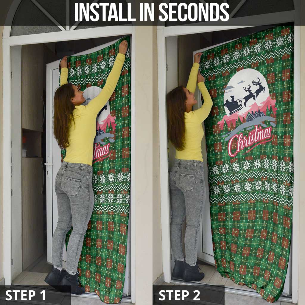 Guadeloupe Christmas Door Cover with Green-Red Plaid Design, Sun and Sugarcane Emblem, and Santa Sleigh Motif - Wonder Print Shop