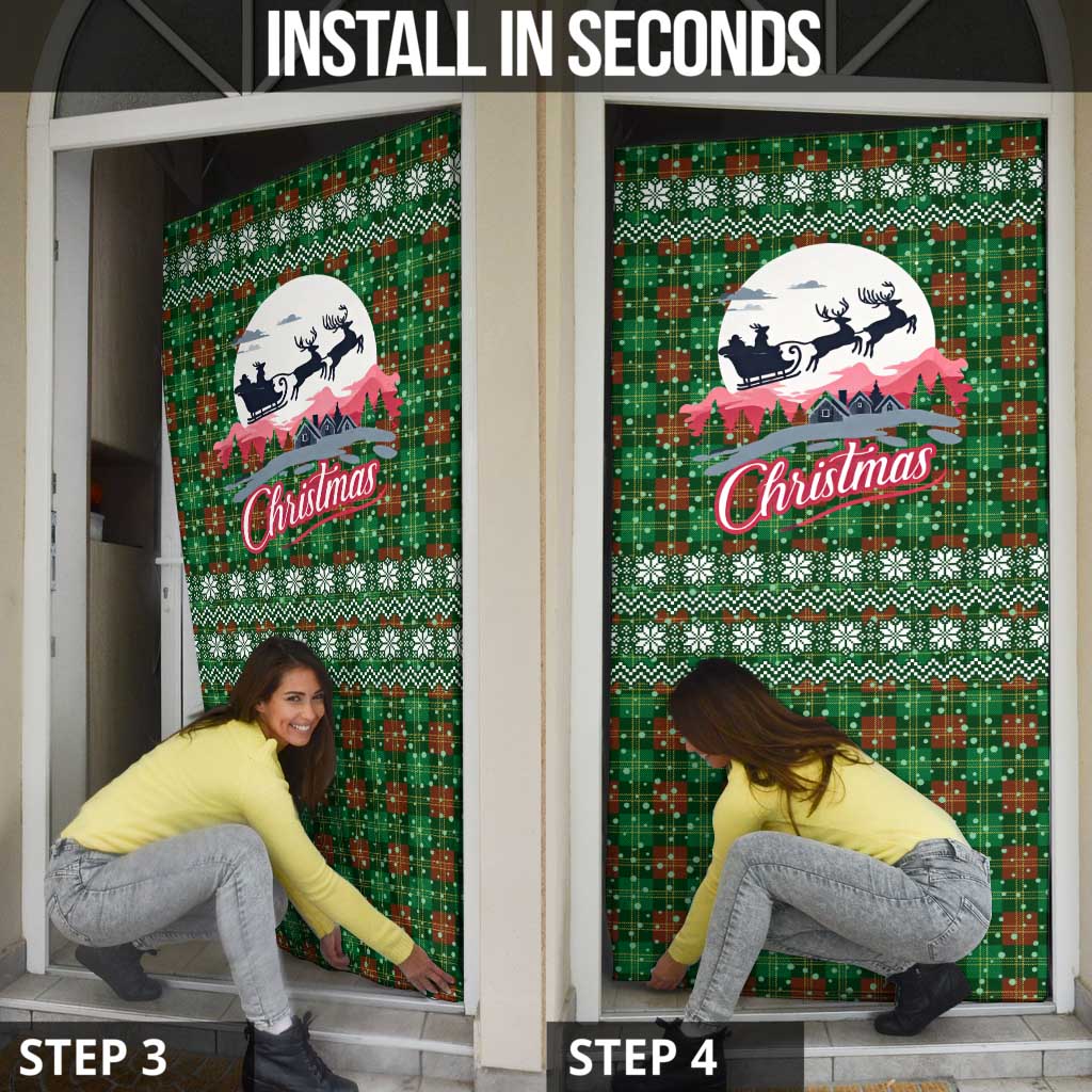 Guadeloupe Christmas Door Cover with Green-Red Plaid Design, Sun and Sugarcane Emblem, and Santa Sleigh Motif - Wonder Print Shop