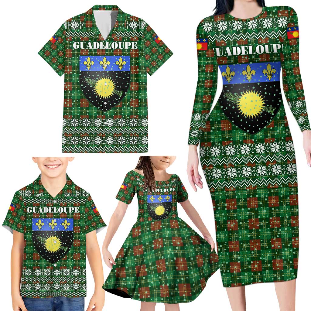 Guadeloupe Christmas Family Matching Long Sleeve Bodycon Dress and Hawaiian Shirt with Green-Red Plaid Design, Sun and Sugarcane Emblem, and Santa Sleigh Motif - Wonder Print Shop