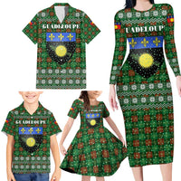 Guadeloupe Christmas Family Matching Long Sleeve Bodycon Dress and Hawaiian Shirt with Green-Red Plaid Design, Sun and Sugarcane Emblem, and Santa Sleigh Motif - Wonder Print Shop
