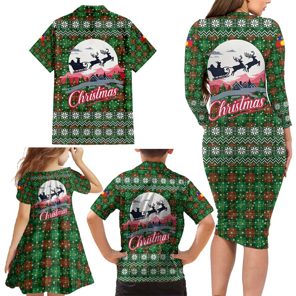 Guadeloupe Christmas Family Matching Long Sleeve Bodycon Dress and Hawaiian Shirt with Green-Red Plaid Design, Sun and Sugarcane Emblem, and Santa Sleigh Motif - Wonder Print Shop