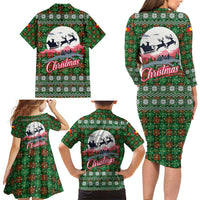 Guadeloupe Christmas Family Matching Long Sleeve Bodycon Dress and Hawaiian Shirt with Green-Red Plaid Design, Sun and Sugarcane Emblem, and Santa Sleigh Motif - Wonder Print Shop