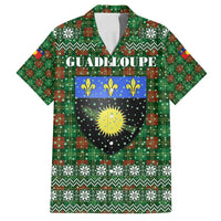 Guadeloupe Christmas Family Matching Long Sleeve Bodycon Dress and Hawaiian Shirt with Green-Red Plaid Design, Sun and Sugarcane Emblem, and Santa Sleigh Motif - Wonder Print Shop