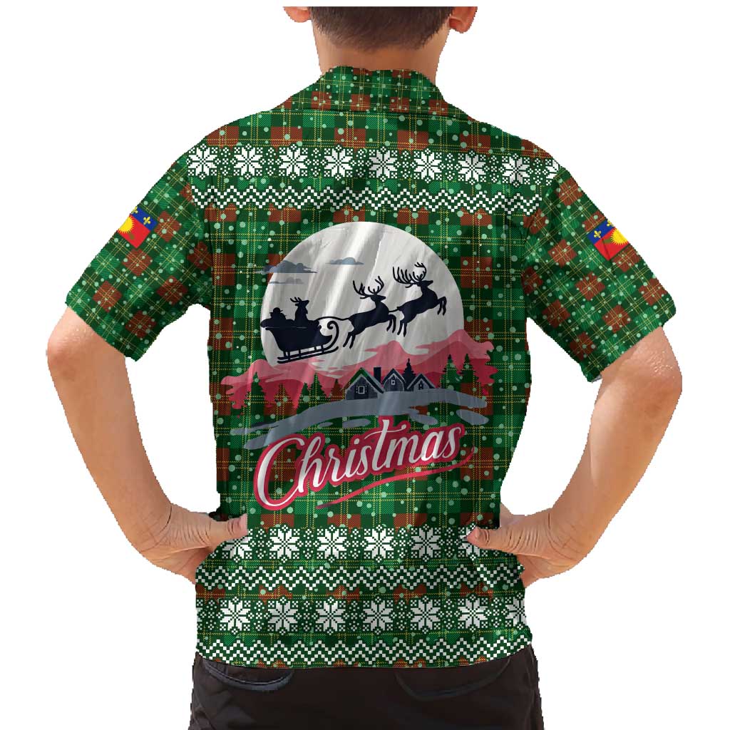Guadeloupe Christmas Family Matching Mermaid Dress and Hawaiian Shirt with Green-Red Plaid Design, Sun and Sugarcane Emblem, and Santa Sleigh Motif - Wonder Print Shop