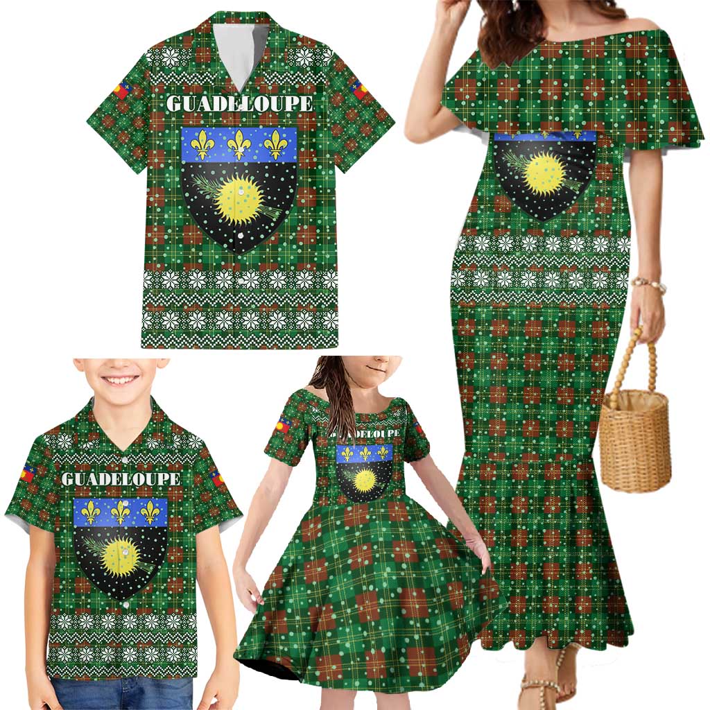 Guadeloupe Christmas Family Matching Mermaid Dress and Hawaiian Shirt with Green-Red Plaid Design, Sun and Sugarcane Emblem, and Santa Sleigh Motif - Wonder Print Shop