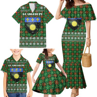Guadeloupe Christmas Family Matching Mermaid Dress and Hawaiian Shirt with Green-Red Plaid Design, Sun and Sugarcane Emblem, and Santa Sleigh Motif - Wonder Print Shop