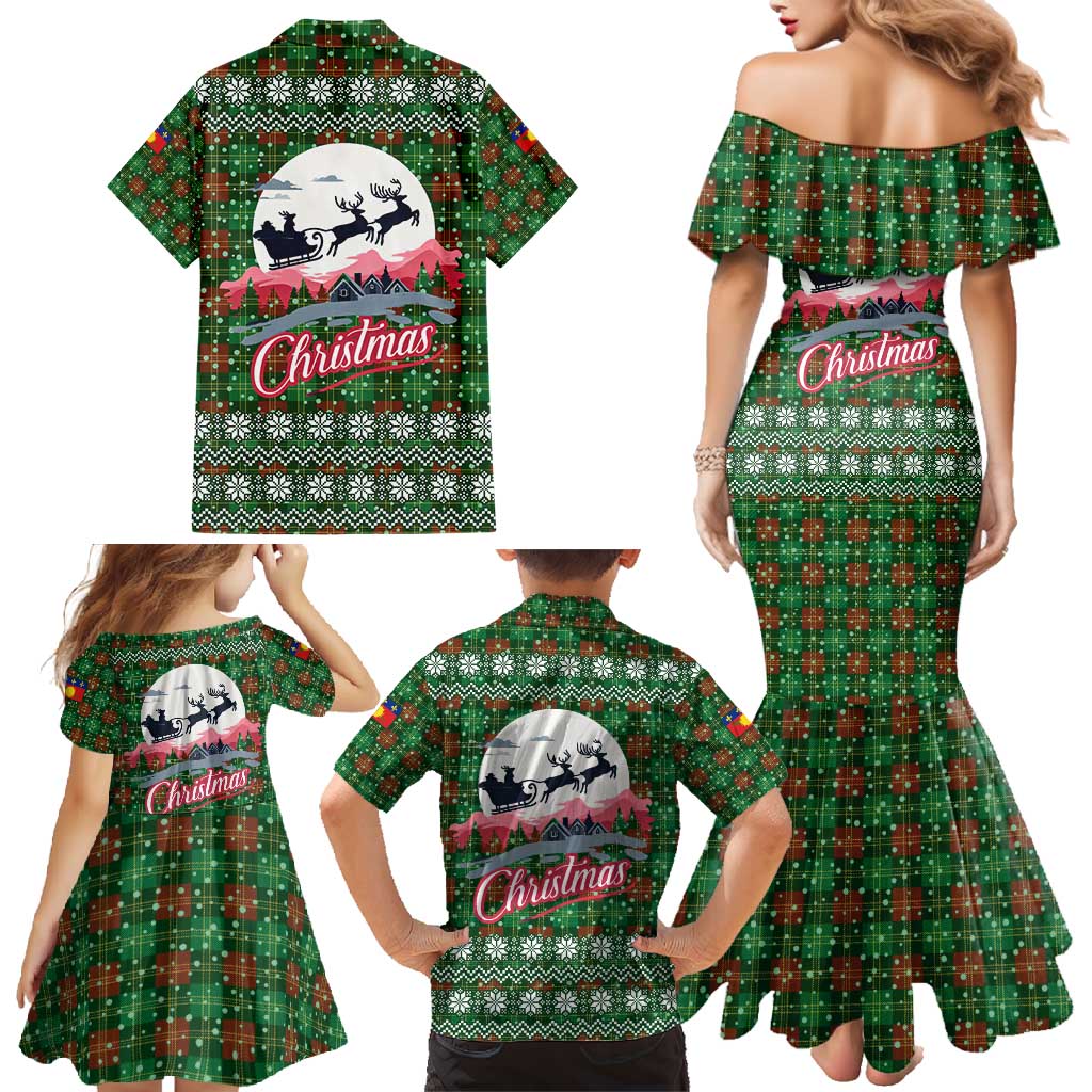 Guadeloupe Christmas Family Matching Mermaid Dress and Hawaiian Shirt with Green-Red Plaid Design, Sun and Sugarcane Emblem, and Santa Sleigh Motif - Wonder Print Shop