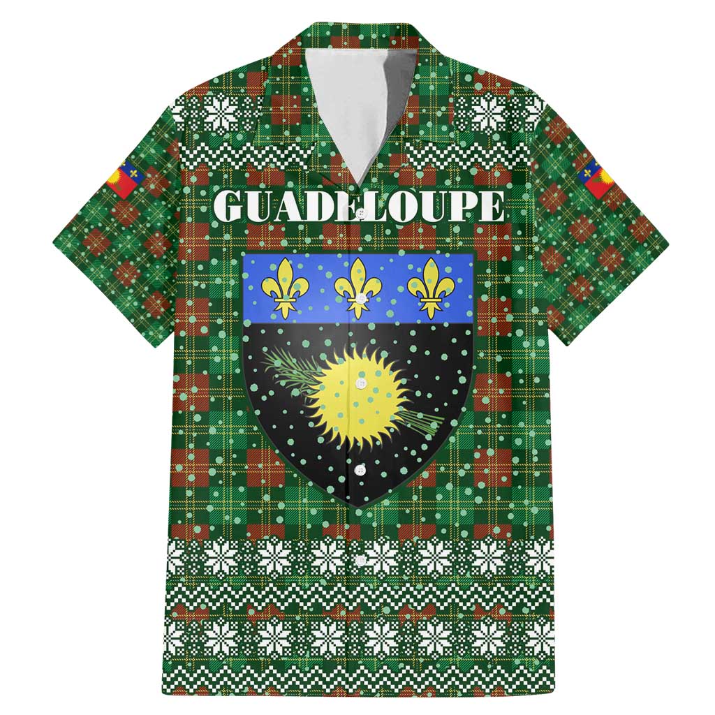 Guadeloupe Christmas Family Matching Mermaid Dress and Hawaiian Shirt with Green-Red Plaid Design, Sun and Sugarcane Emblem, and Santa Sleigh Motif - Wonder Print Shop