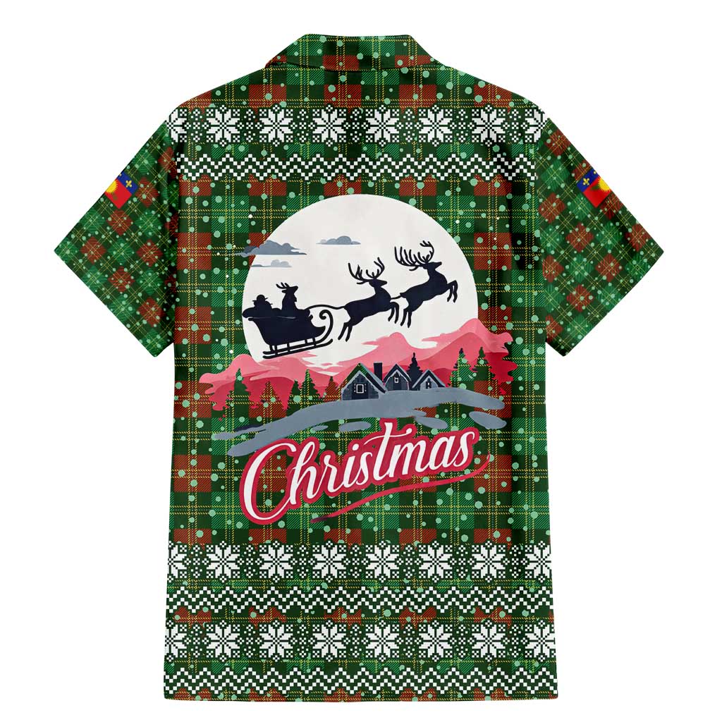 Guadeloupe Christmas Family Matching Mermaid Dress and Hawaiian Shirt with Green-Red Plaid Design, Sun and Sugarcane Emblem, and Santa Sleigh Motif - Wonder Print Shop