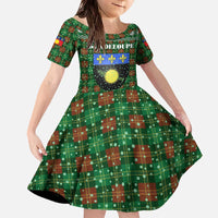 Guadeloupe Christmas Family Matching Off The Shoulder Long Sleeve Dress and Hawaiian Shirt with Green-Red Plaid Design, Sun and Sugarcane Emblem, and Santa Sleigh Motif - Wonder Print Shop
