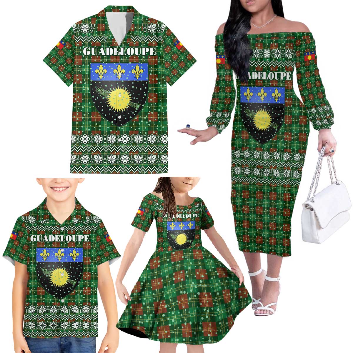 Guadeloupe Christmas Family Matching Off The Shoulder Long Sleeve Dress and Hawaiian Shirt with Green-Red Plaid Design, Sun and Sugarcane Emblem, and Santa Sleigh Motif - Wonder Print Shop