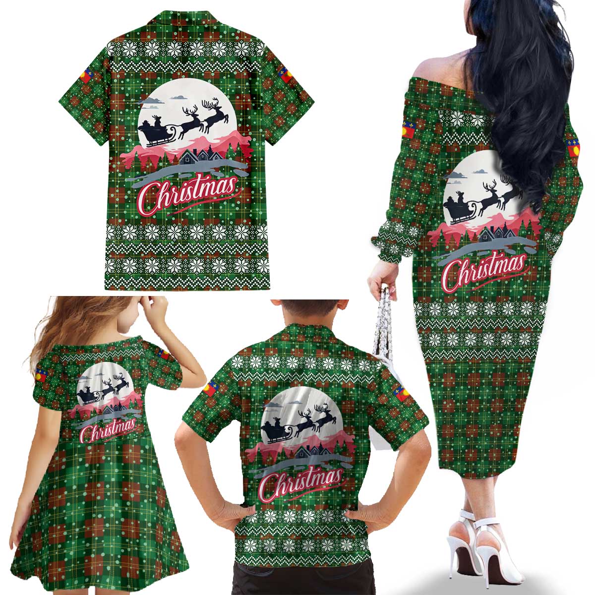 Guadeloupe Christmas Family Matching Off The Shoulder Long Sleeve Dress and Hawaiian Shirt with Green-Red Plaid Design, Sun and Sugarcane Emblem, and Santa Sleigh Motif - Wonder Print Shop