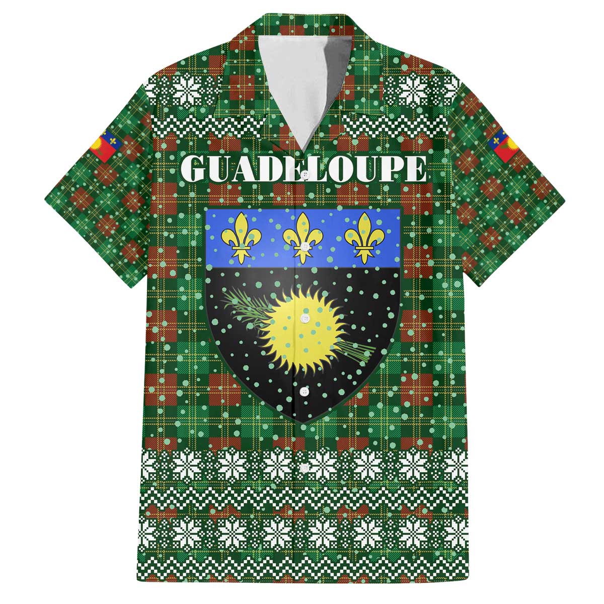Guadeloupe Christmas Family Matching Off The Shoulder Long Sleeve Dress and Hawaiian Shirt with Green-Red Plaid Design, Sun and Sugarcane Emblem, and Santa Sleigh Motif - Wonder Print Shop