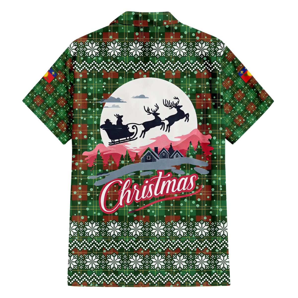 Guadeloupe Christmas Family Matching Off The Shoulder Long Sleeve Dress and Hawaiian Shirt with Green-Red Plaid Design, Sun and Sugarcane Emblem, and Santa Sleigh Motif - Wonder Print Shop