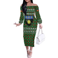 Guadeloupe Christmas Family Matching Off The Shoulder Long Sleeve Dress and Hawaiian Shirt with Green-Red Plaid Design, Sun and Sugarcane Emblem, and Santa Sleigh Motif - Wonder Print Shop