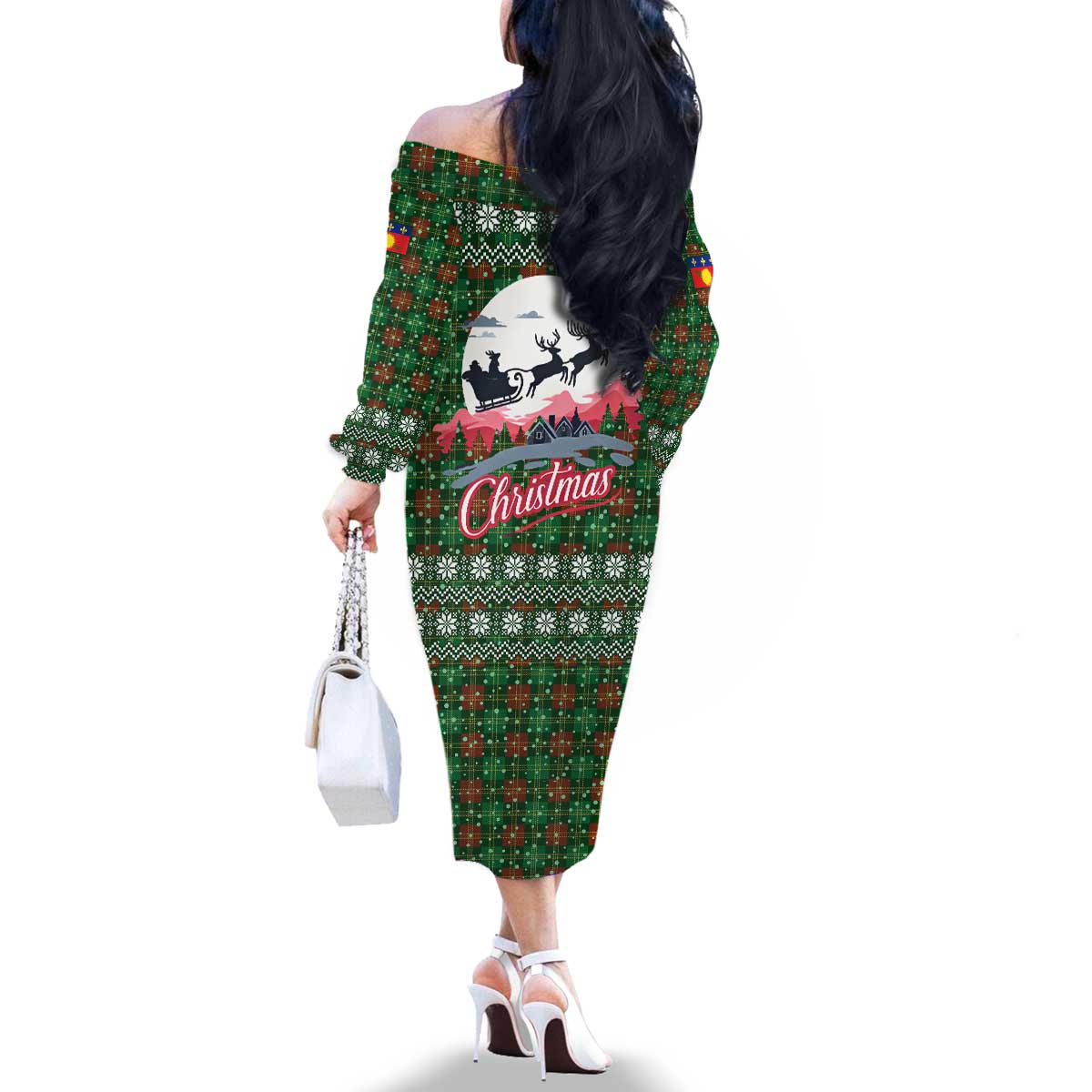 Guadeloupe Christmas Family Matching Off The Shoulder Long Sleeve Dress and Hawaiian Shirt with Green-Red Plaid Design, Sun and Sugarcane Emblem, and Santa Sleigh Motif - Wonder Print Shop