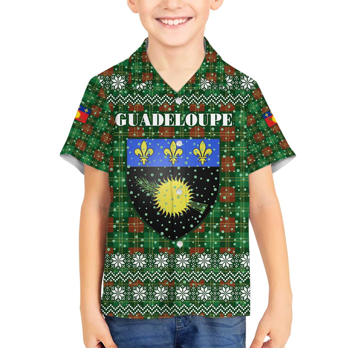 Guadeloupe Christmas Family Matching Off The Shoulder Long Sleeve Dress and Hawaiian Shirt with Green-Red Plaid Design, Sun and Sugarcane Emblem, and Santa Sleigh Motif - Wonder Print Shop